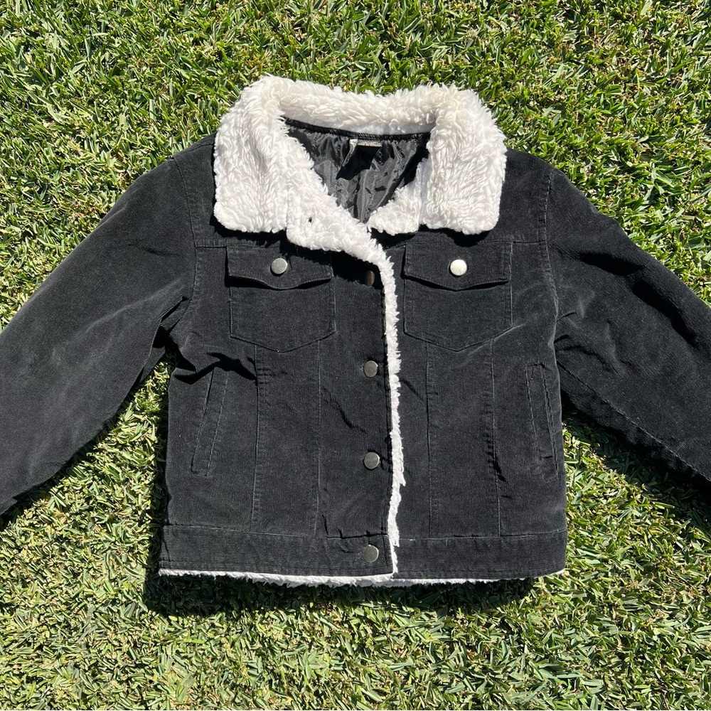 90s Passport Black Corduroy Jacket with Faux Fur Trim